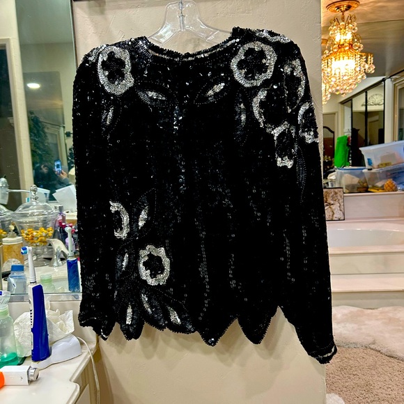 Tops - Black and White Sequin Embellished Long Sleeve Blouse with scalloped bottom